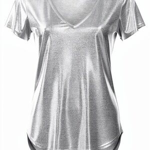 White House Black Market Metallic Silver V-Neck Tee